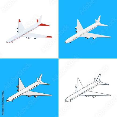 Vector illustration. Set of icons of the plane. Colorful, white and outline. Isometric, 3D