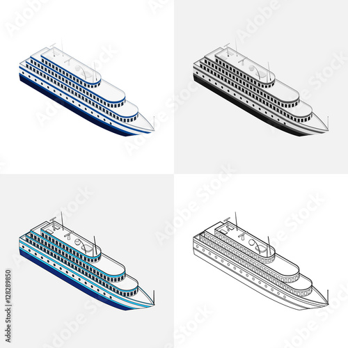 Vector illustration. Set of icons of the ship. Colorful, contour, outline. Isometric, 3D