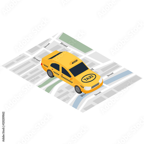 Vector illustration. Icon car taxi on the city map. Design for mobile applications, business cards, brochures, advertising. Isometric, 3D