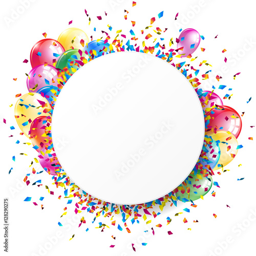 White round banner with shiny colorful confetti and balloons. Vector illustration.