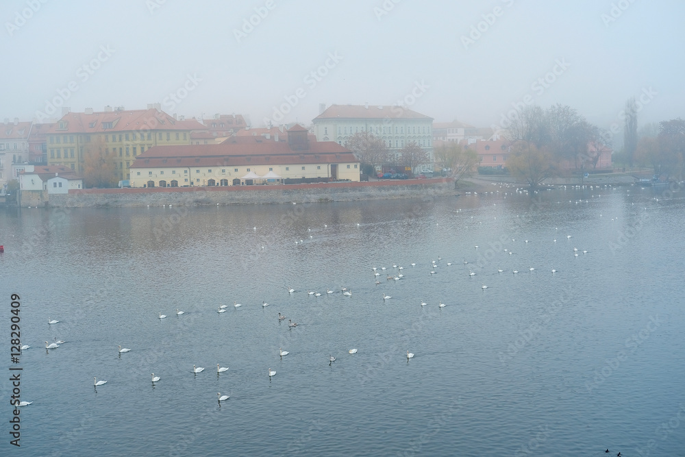 Prague, Czechia - November, 21, 2016: morning fog on Vltava river in Prague, Czechia.