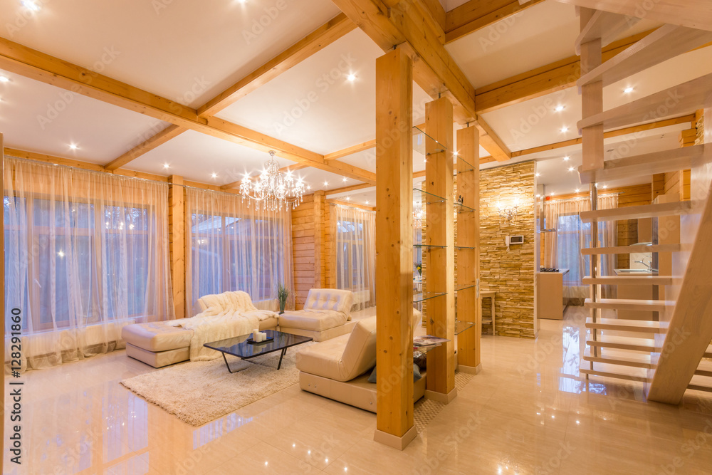Large bright new living room with staircase Large bright new living room with staircase