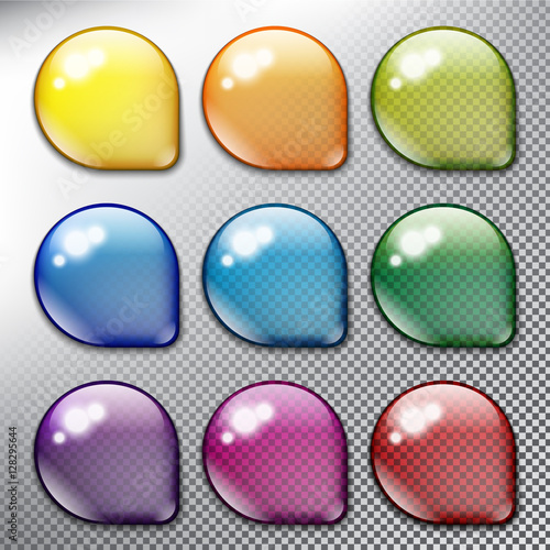 Abstract vector web buttons set of 9. Isolated with realistic, transparent glass shine and shadow on the light background. Vector illustration. Eps10.