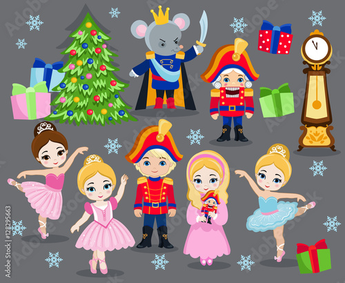 Set cartoon christmas characters for fairy tale Nutcracker. Vector illustration isolated on white background.