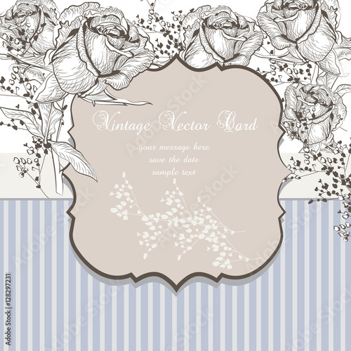 Vintage Card with ink Roses Vector. Poster for weddings, ceremony, events. Hand drawn engraved technique. Blue serenity color