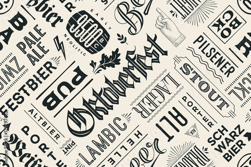 Seamless black and white pattern with types of beer and hand drawn lettering for Oktoberfest Beer Festival. Vintage drawing for placemat, bar menu, t-shirt print and beer themes. Vector Illustration