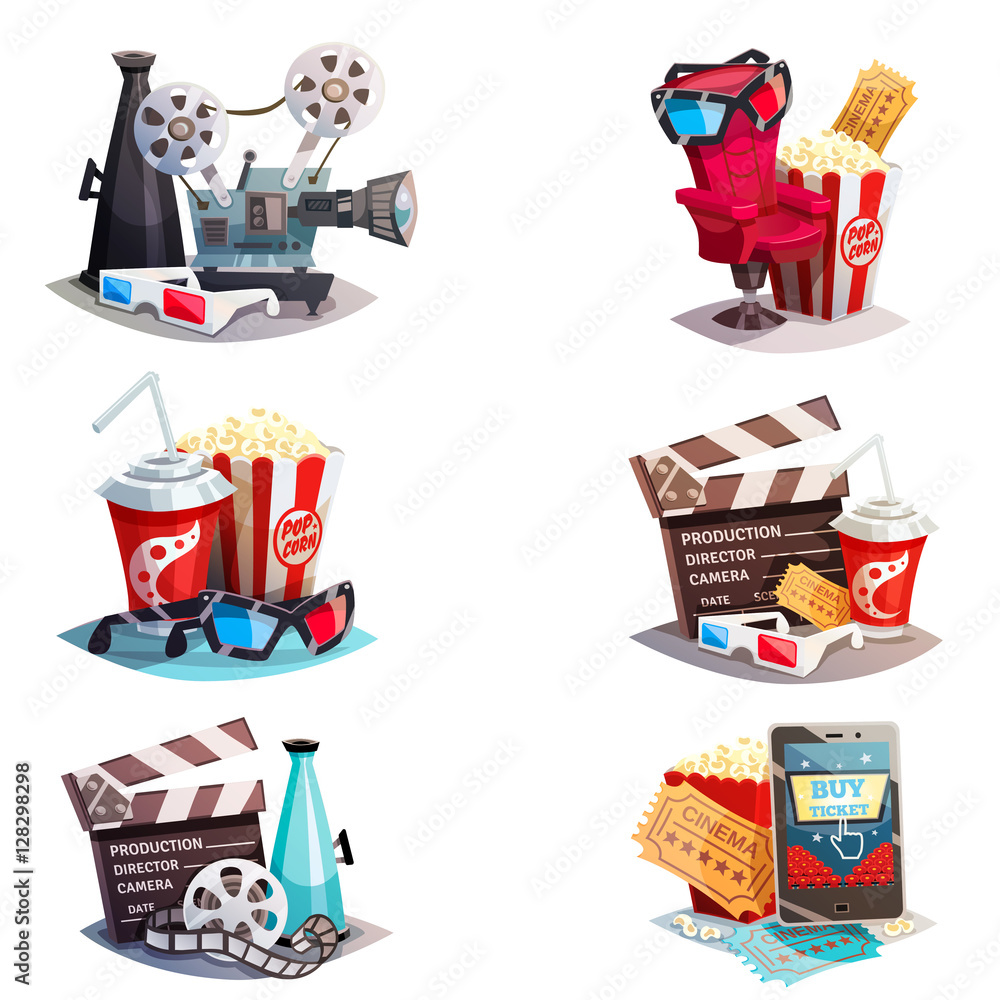 Fototapeta premium Set Of 3d Cartoon Cinema Design Concepts