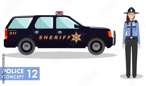 Policeman concept. Detailed illustration of policewoman officer and police car in flat style on white background. Vector illustration.