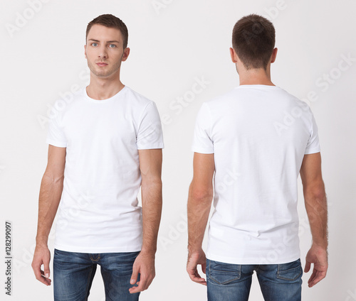 T-shirt design and people concept - close up of young man in blank white t-shirt, shirt, front and rear isolated. Clean shirt mock up for design set.