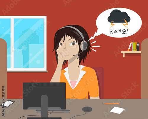 Girl operator listens to the complaint angry customer with a smile. Vector illustration