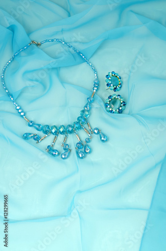 Blue necklace and earrings on organza kerchief - modern fashion jewelry