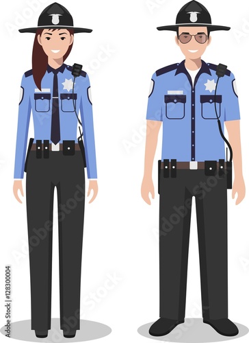 Couple of american policeman and policewoman standing together on white background in flat style. Police USA concept. Flat design people characters. Vector illustration.