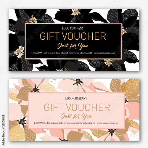  Gift voucher. Birthday card. Coupon template.  Background for the invitation, shop, beauty salon, spa. Black and pink poinsettia on a white background.