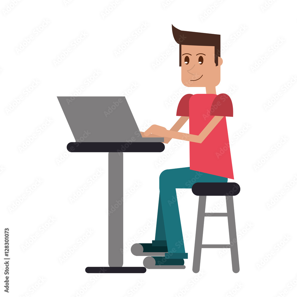 young man sitting working computer vector illustration eps 10