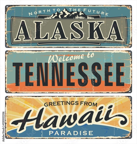 Vintage tin sign collection with USA state. All States. Alaska. Tennessee. Hawaii. Retro souvenirs or old paper postcard templates on rust background. States of america.
