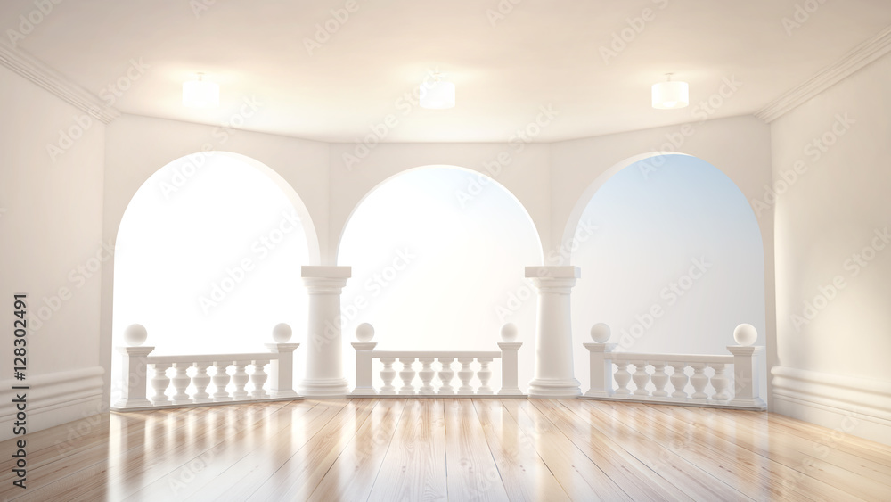 Beautiful, classic interior with a terrace, 3d illustration, 3d rendering.