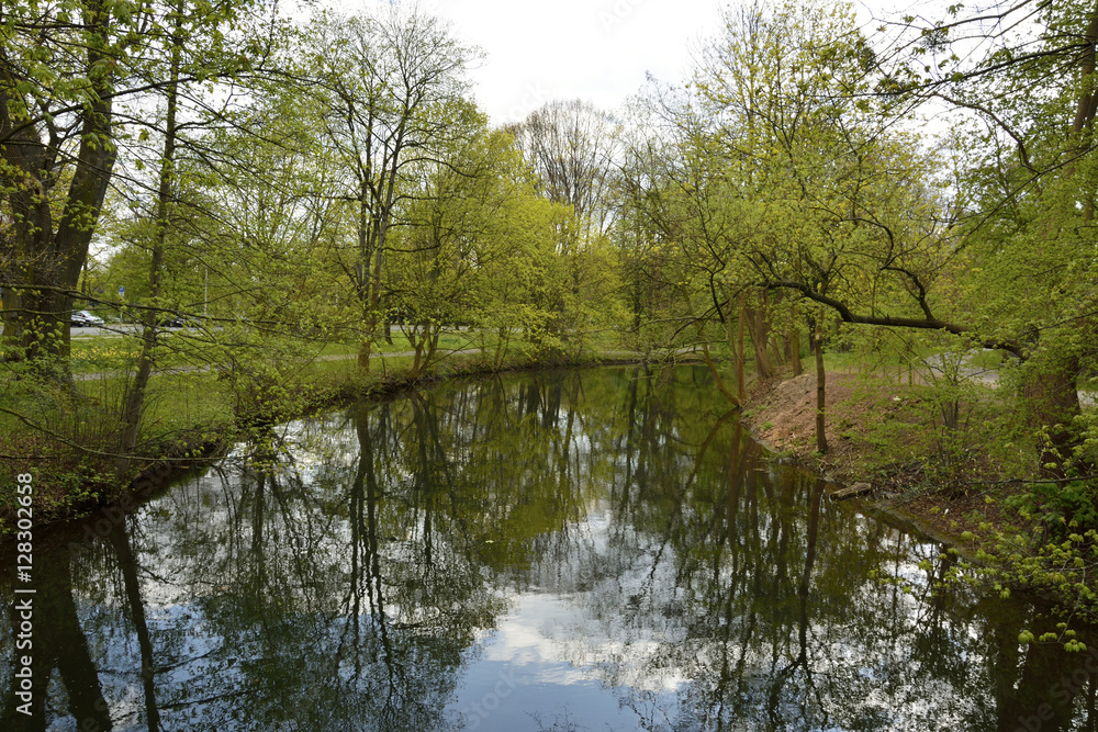 River in a city park in Hanover, Germany, in spring.