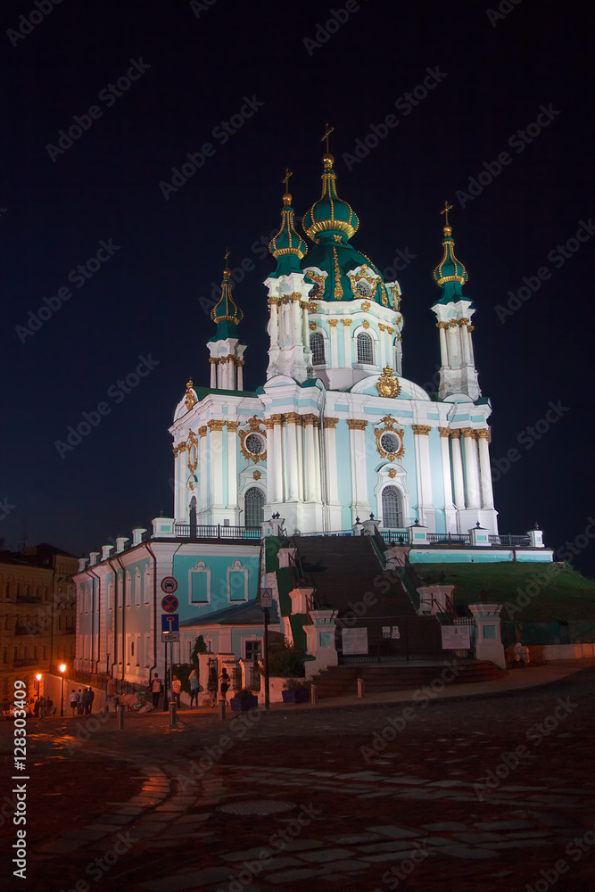 St. Andrew's Church in Kiev, evening lights. Ukraine