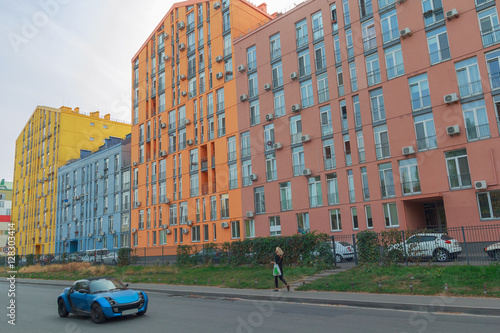 Street with beautiful modern colorful houses. Kiev, Ukraine