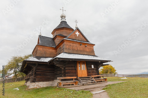 Old wooden church in the Ukrainian village. Vorohda, Ukraine