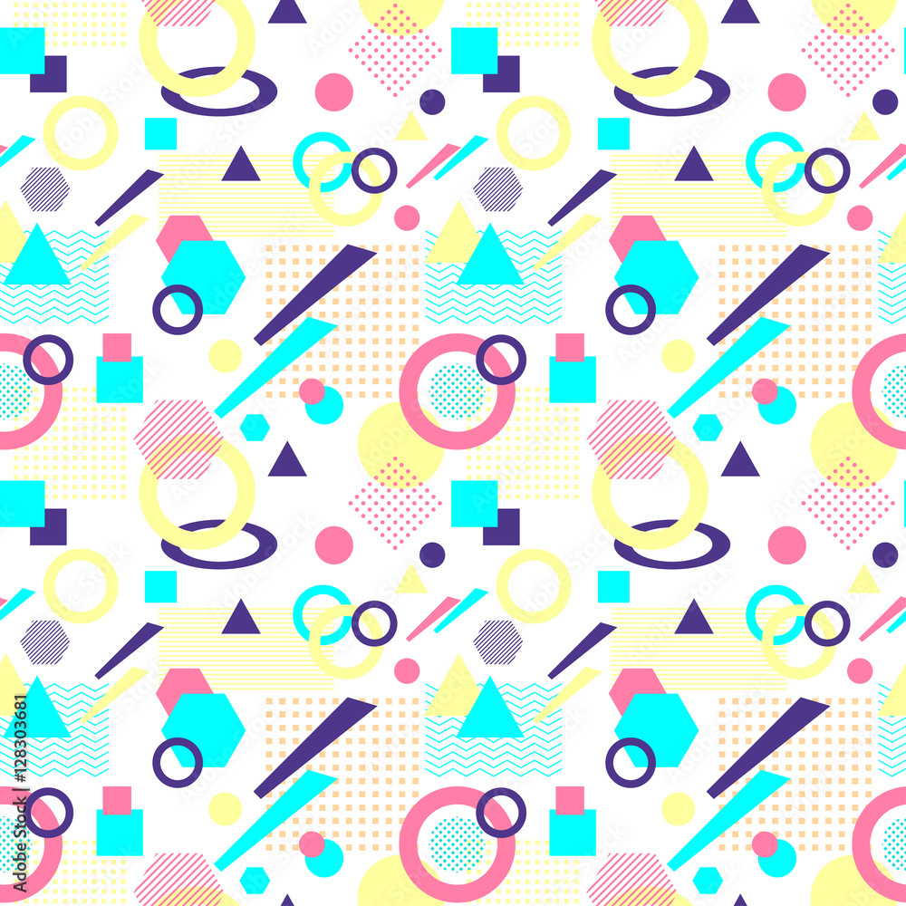 Abstract seamless pattern in postmodern Memphis Style on White Abstract seamless pattern in postmodern Memphis Style on White
