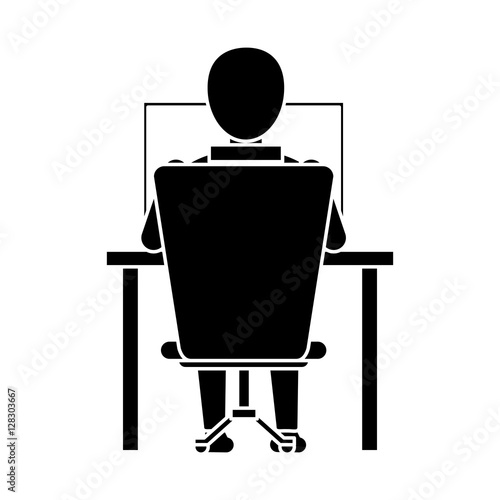 silhouette guy back working laptop chair desk vector illustration eps 10