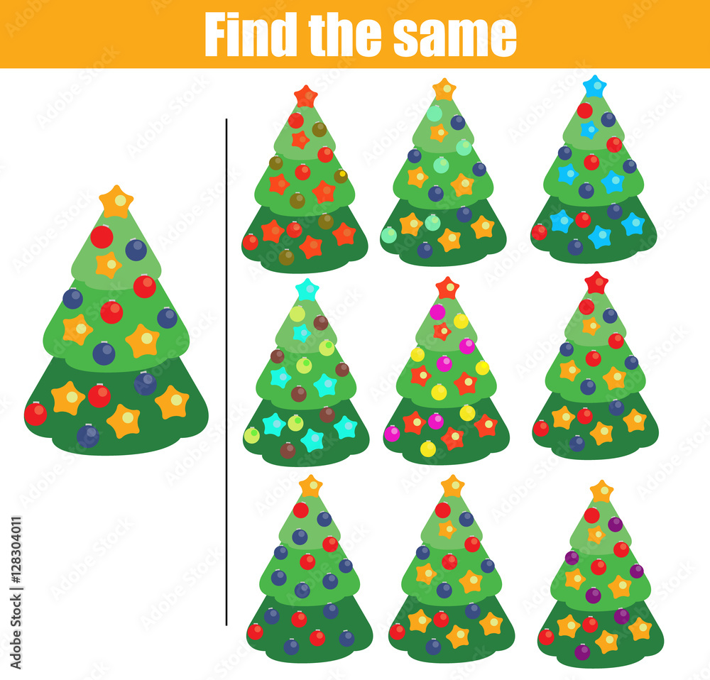 Find the same pictures children educational game. Christmas tree, new year spruce Find the same pictures children educational game. Christmas tree, new year spruce
