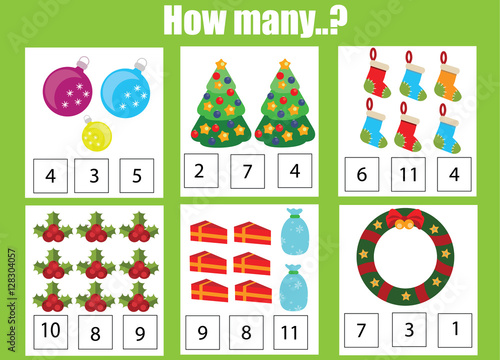 Counting educational children game  kids activity worksheet. How many objects task  christmas  winter holidays theme