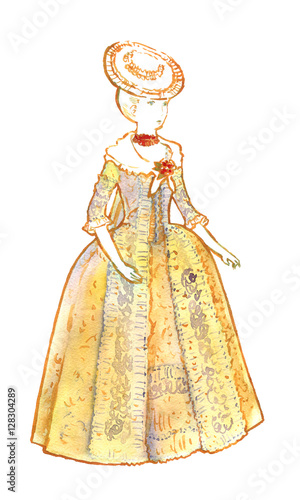 Woman in 18th century dress watercolor silhouette. Hand drawn illustration.