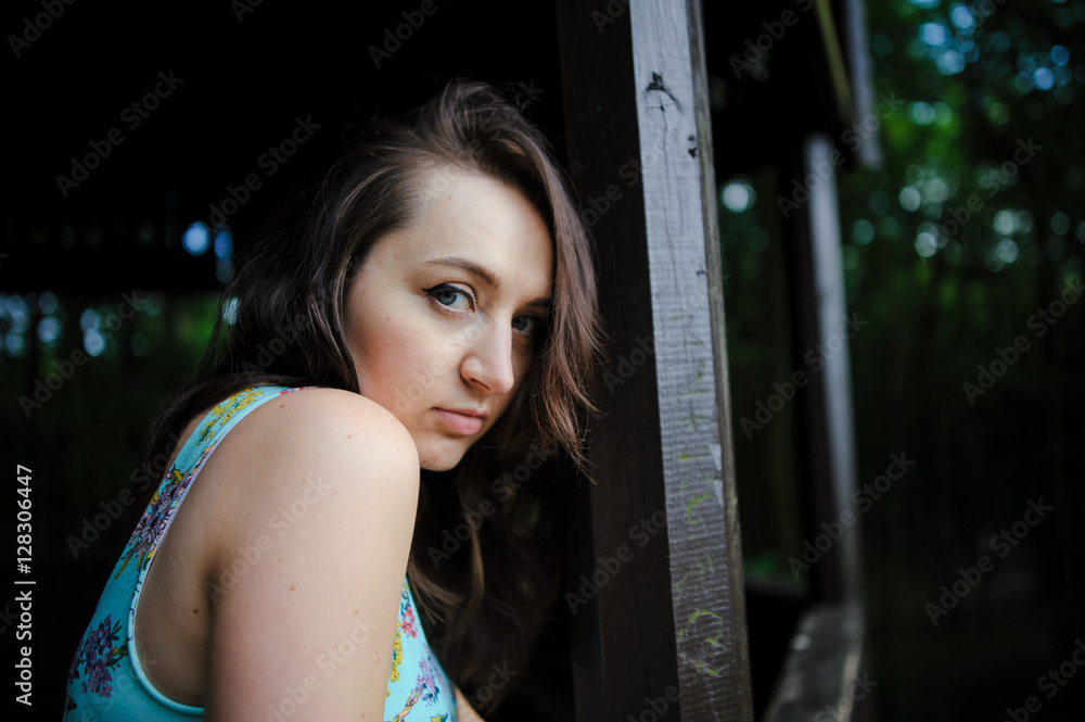 Fototapeta premium Portrait of romantic woman at fairy forest