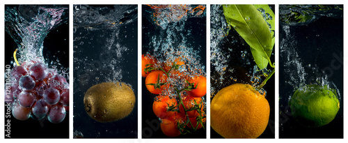 Fruits and vegetables falling into the water with splashes and bubbles. Collage of photos.