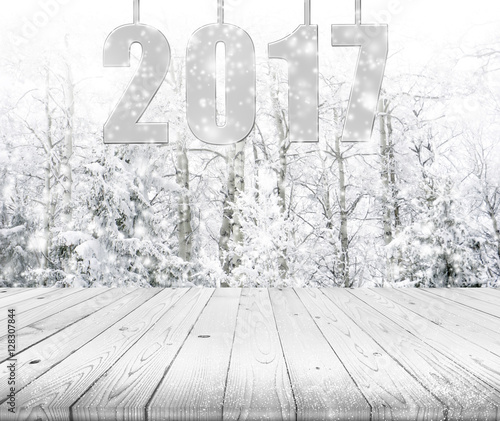Wood table top on winter tr...