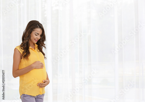 Young beautiful pregnant woman standing near window at home Free Download Young beautiful pregnant woman standing near window at home - GFXLoad