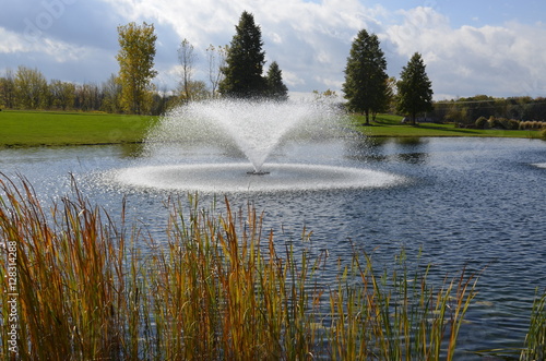 Beautiful fountain splashing in the park pond on a summer day