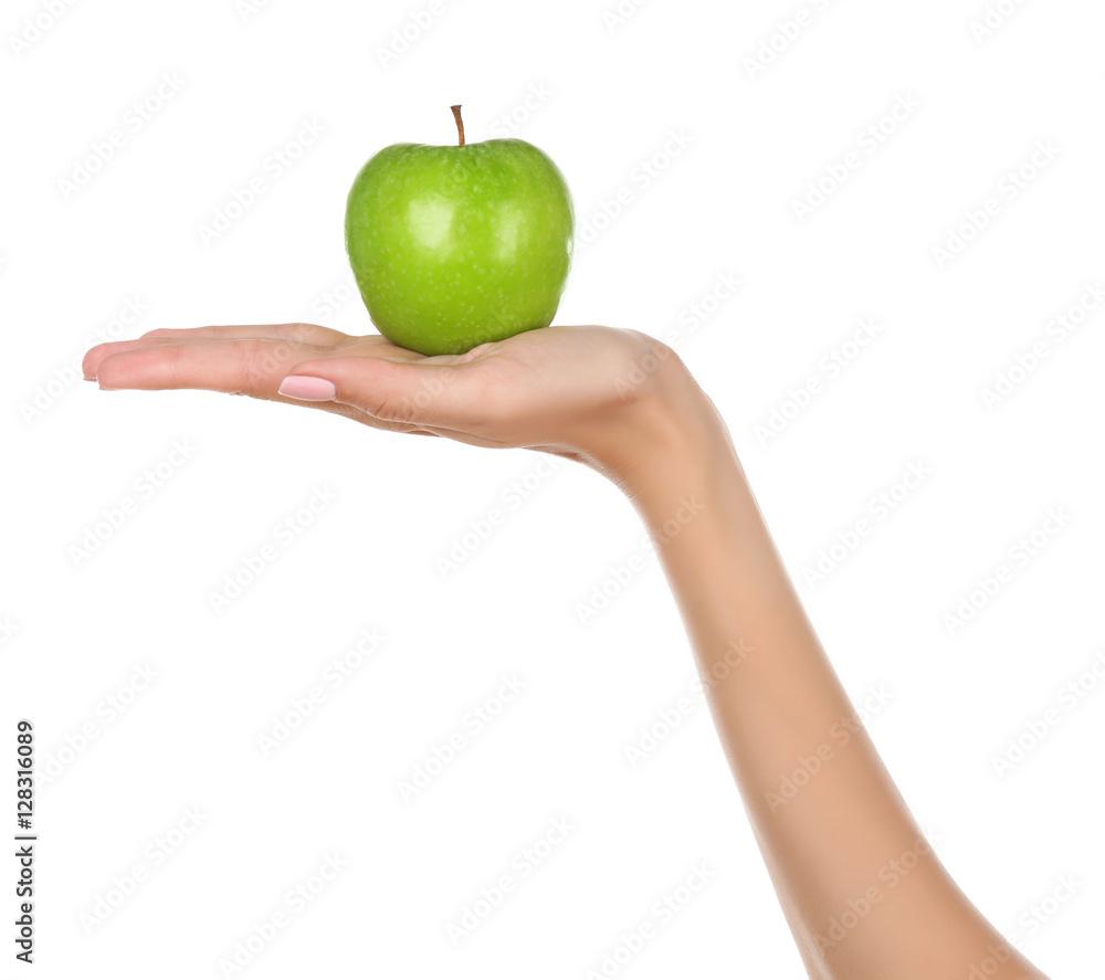 Woman holding apple on white background Woman holding apple on white background