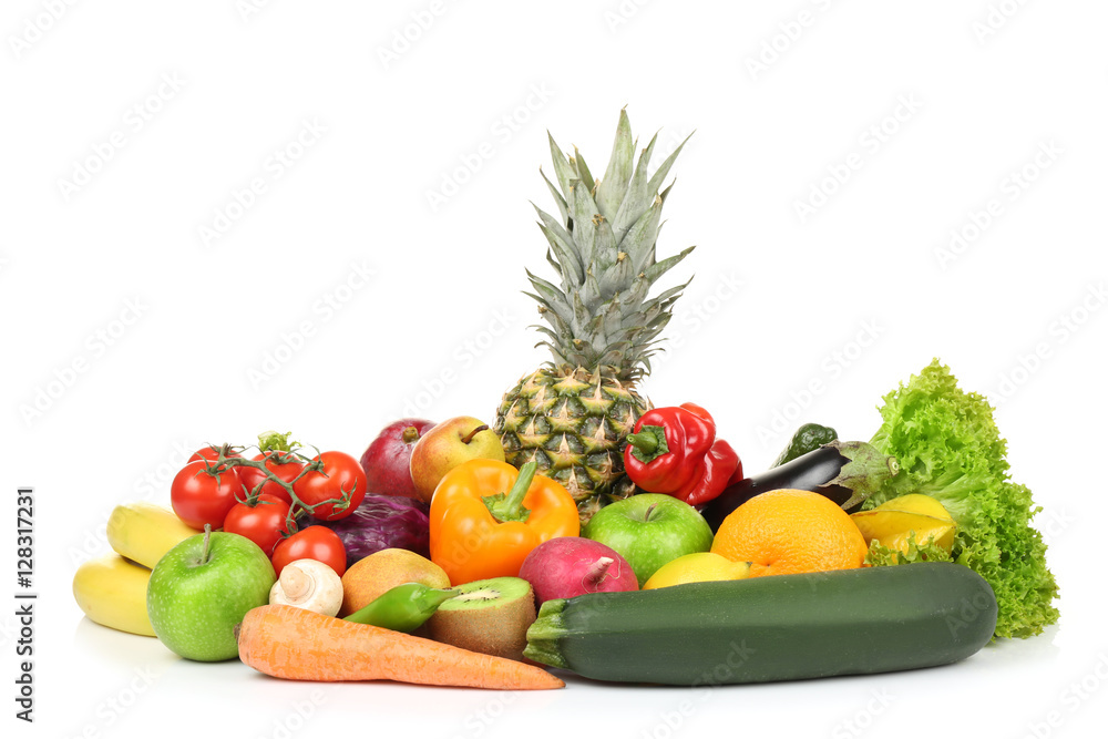Group of fresh vegetables and fruits on white background Group of fresh vegetables and fruits on white background