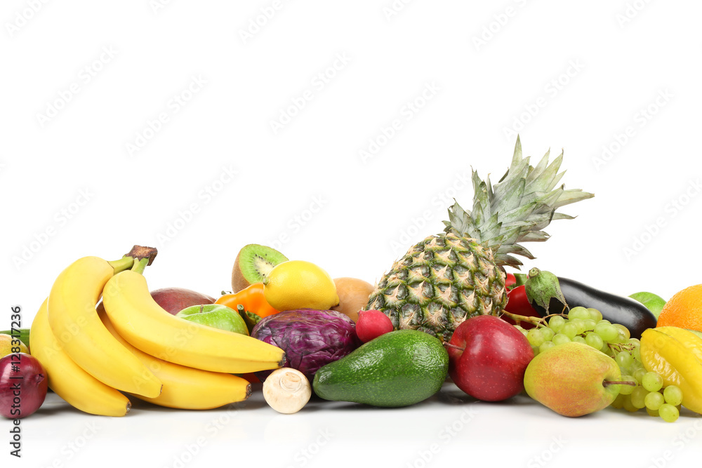 Group of fresh vegetables and fruits on white background, closeup