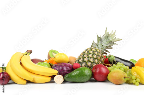 Group of fresh vegetables and fruits on white background  closeup