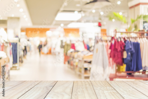 White wooden planks over blurred superstore background