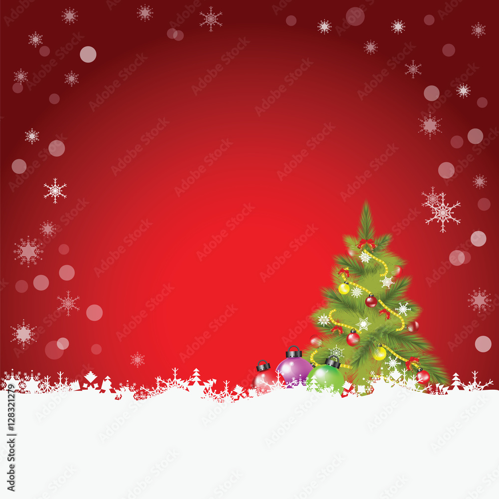 Christmas tree and christmas balls with fir and snowflakes on re Christmas tree and christmas balls with fir and snowflakes on re