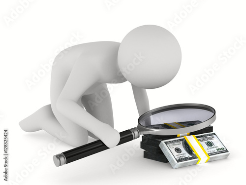 Man with magnifier on white...