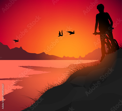 Lake scene vector silhouette people young woman cycling nature background © mapichai
