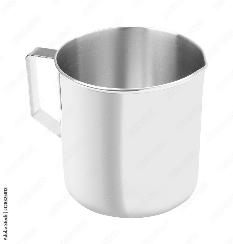 Upper open stainless gutter cup with handle on white background. Upper open stainless gutter cup with handle on white background.
