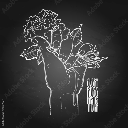 Graphic bleeding hand with rose