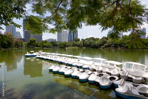 Photography White duck boats ,Lumpini park, Bangkok City