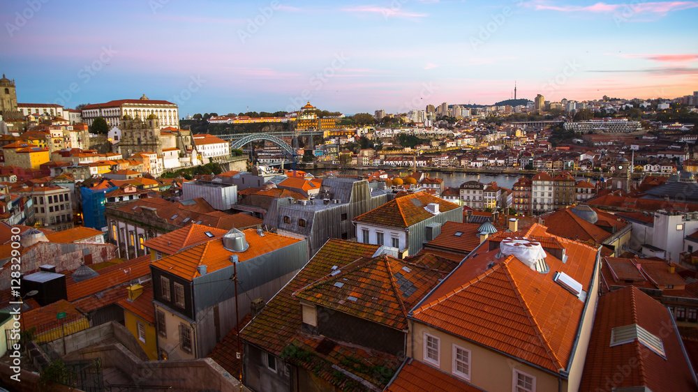 Panoramic view of the old Porto at dusk, Portugal.