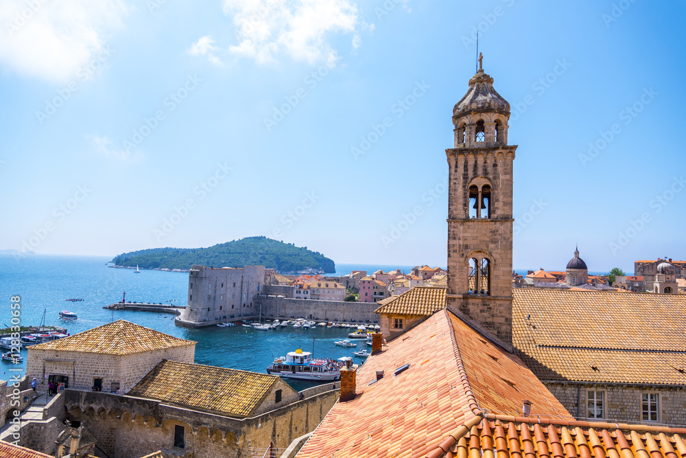 Church tower of the Old City of Dubrovnik (Croatia), a city on the Adriatic Sea, It is one of the most prominent tourist destinations in the Mediterranean