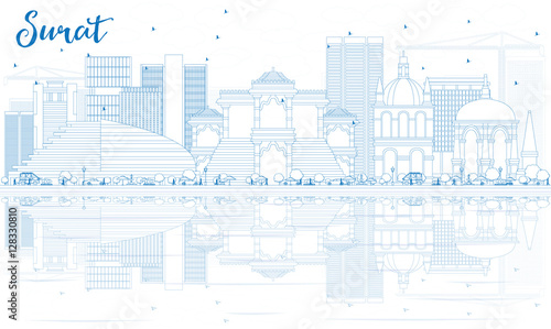Outline Surat Skyline with Blue Buildings and Reflections.