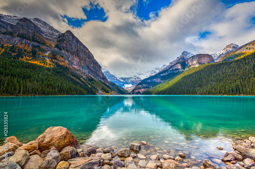 Lake Louise in scenic Banff National Park in the Canadian Rocky Mountains in autumn
