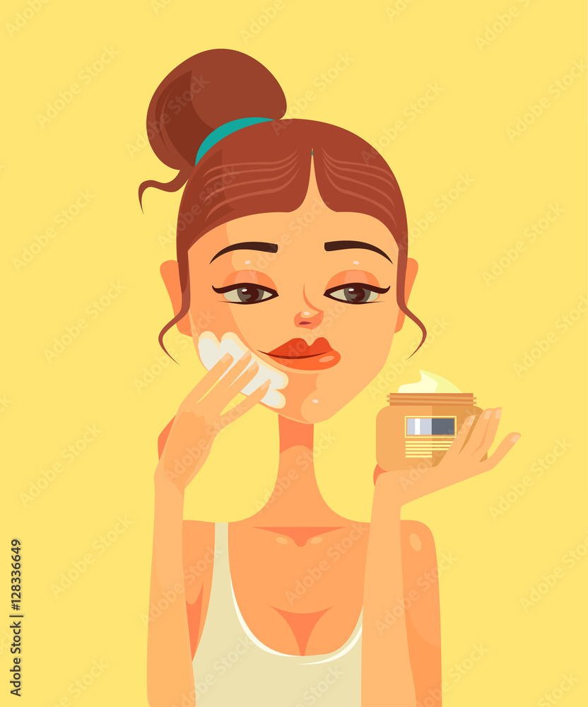 Woman character smear face cream. Vector flat cartoon illustration Woman character smear face cream. Vector flat cartoon illustration